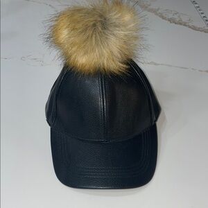 D&Y Black Faux Leather and Faux Fur Pom Hat | OS